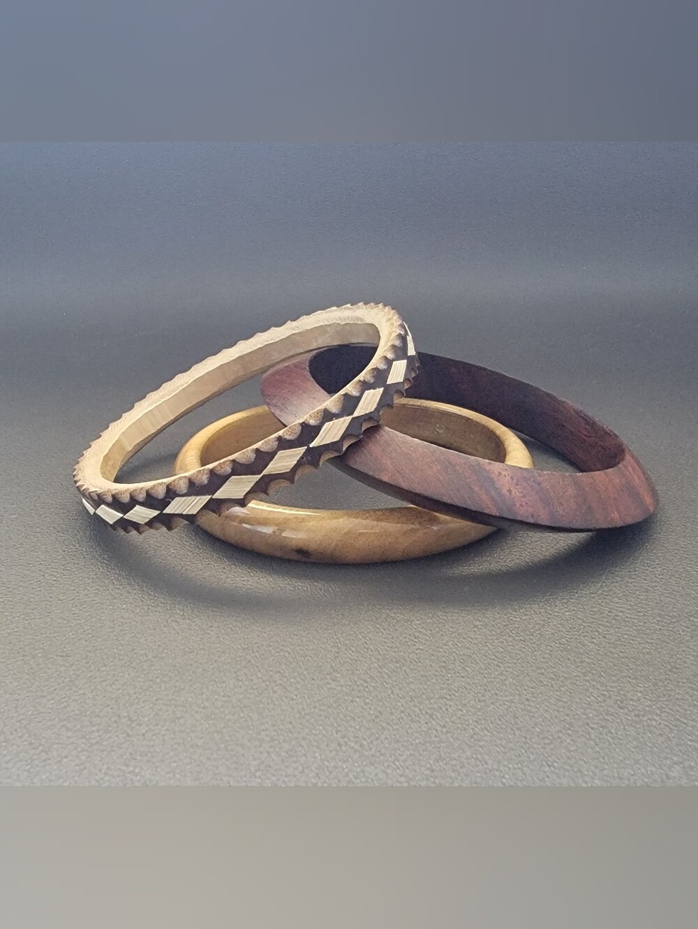 3 Pc Wooden Bangle Bracelet Set Carved Bamboo Wood Boho Natural Artisan Stack